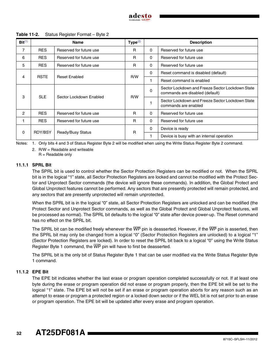 1 sprl bit, 2 epe bit | Rainbow Electronics AT25DF081A User Manual | Page 32 / 53