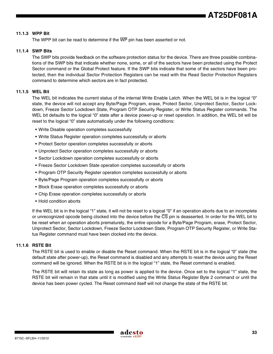 3 wpp bit, 4 swp bits, 5 wel bit | 6 rste bit | Rainbow Electronics AT25DF081A User Manual | Page 33 / 53