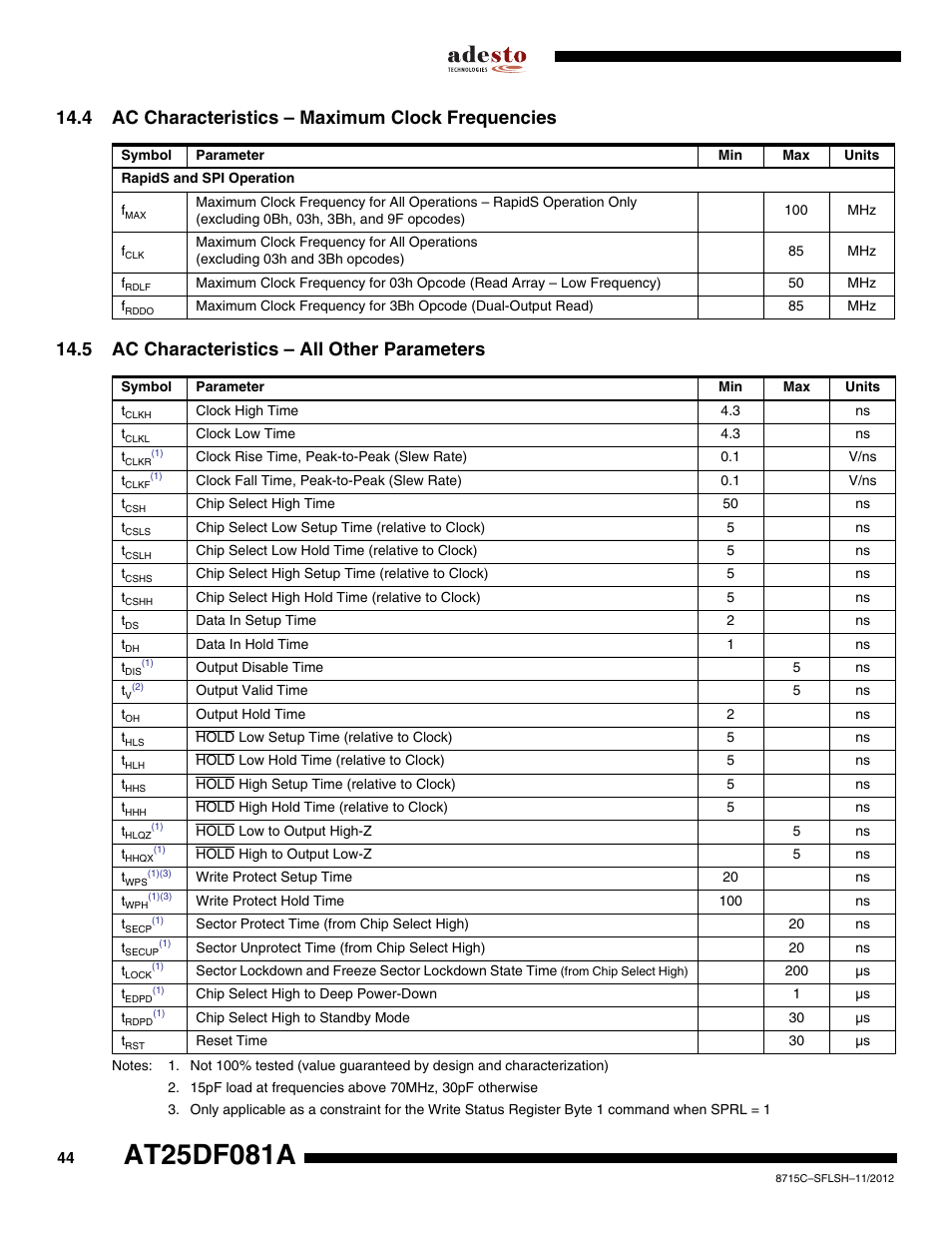 4 ac characteristics – maximum clock frequencies, 5 ac characteristics – all other parameters | Rainbow Electronics AT25DF081A User Manual | Page 44 / 53
