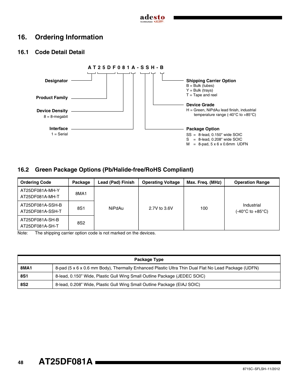 Ordering information, 1 code detail detail | Rainbow Electronics AT25DF081A User Manual | Page 48 / 53