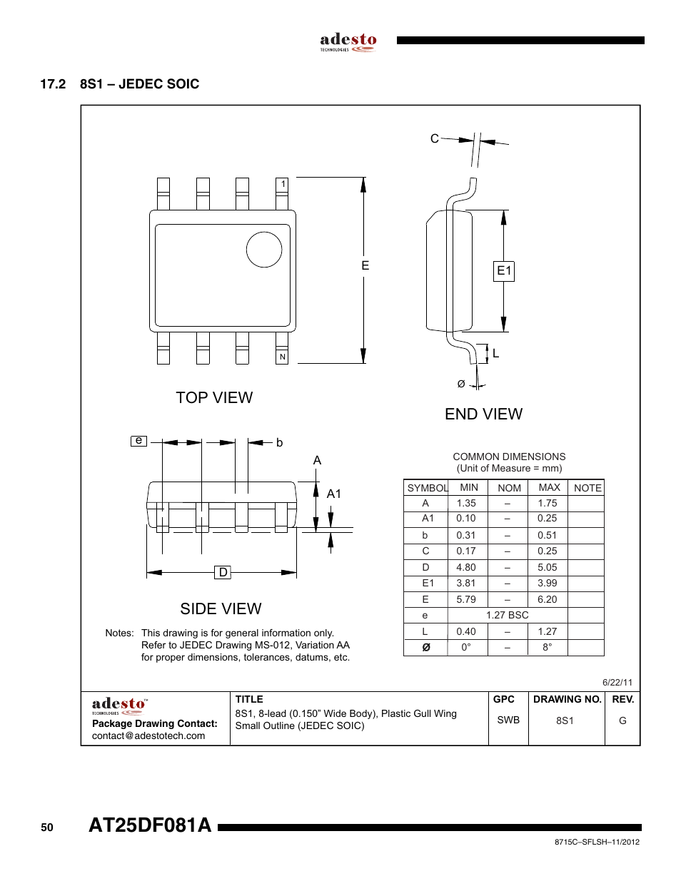 2 8s1 – jedec soic, Top view, End view | Side view | Rainbow Electronics AT25DF081A User Manual | Page 50 / 53