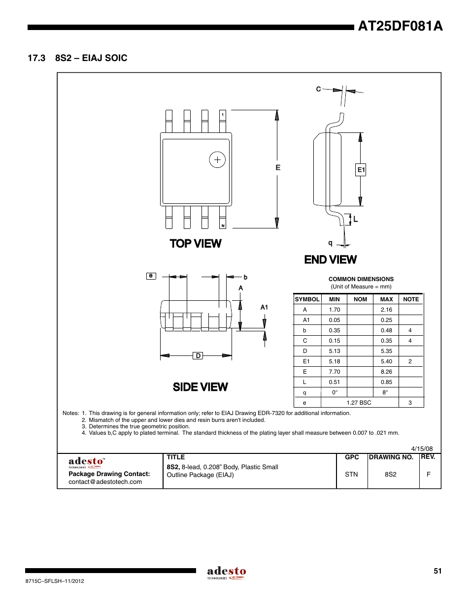 3 8s2 – eiaj soic, Top view, End view | Side view | Rainbow Electronics AT25DF081A User Manual | Page 51 / 53