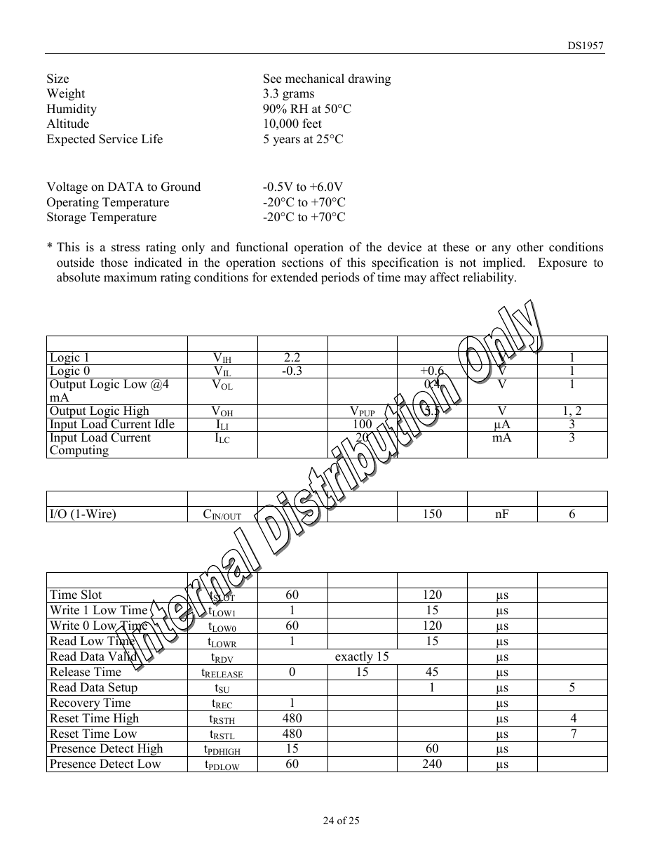 Physical specifications, Absolute maximum ratings, Dc electrical characteristics (v | Capacitance (t, 25°c), Ac electrical characteristics regular speed (v | Rainbow Electronics DS1957 User Manual | Page 24 / 25