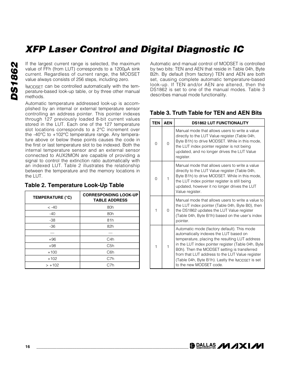 Ds1862 xfp laser control and digital diagnostic ic, Table 2. temperature look-up table, Table 3. truth table for ten and aen bits | Rainbow Electronics DS1862 User Manual | Page 16 / 42
