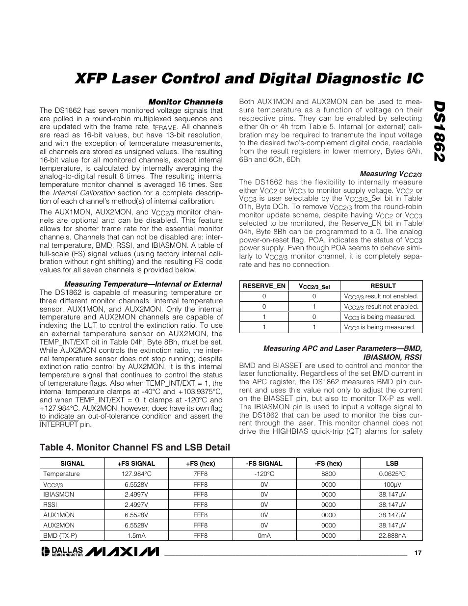 Ds1862 xfp laser control and digital diagnostic ic, Table 4. monitor channel fs and lsb detail | Rainbow Electronics DS1862 User Manual | Page 17 / 42
