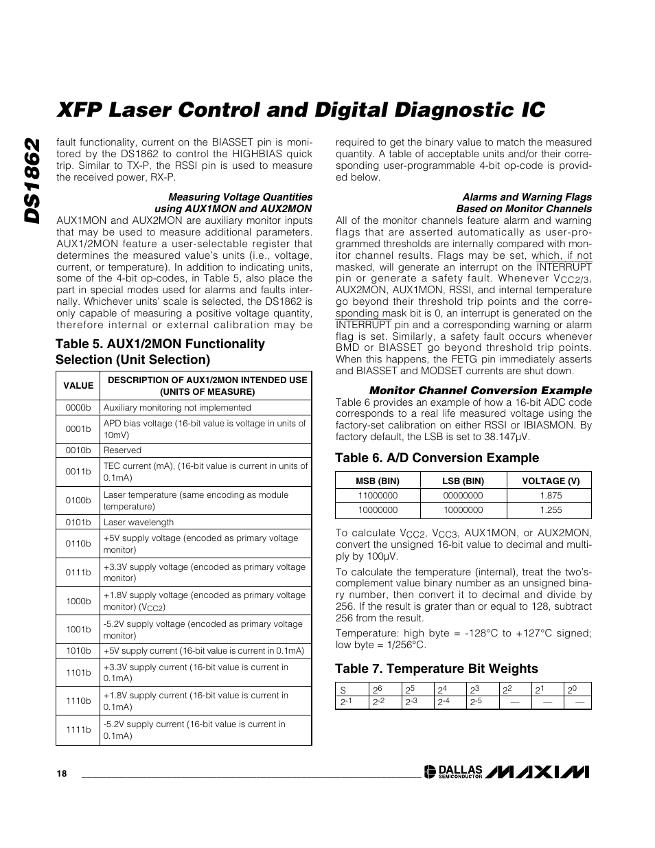 Ds1862 xfp laser control and digital diagnostic ic, Table 6. a/d conversion example, Table 7. temperature bit weights | Rainbow Electronics DS1862 User Manual | Page 18 / 42
