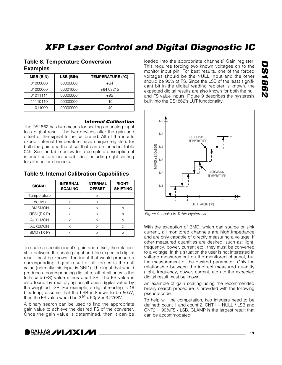 Ds1862 xfp laser control and digital diagnostic ic, Table 8. temperature conversion examples, Table 9. internal calibration capabilities | Rainbow Electronics DS1862 User Manual | Page 19 / 42