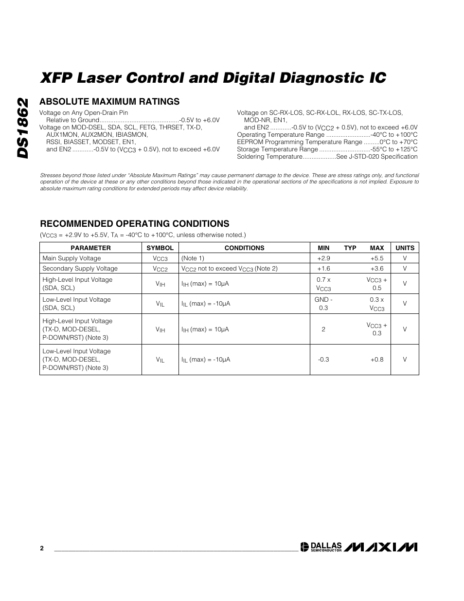 Ds1862 xfp laser control and digital diagnostic ic | Rainbow Electronics DS1862 User Manual | Page 2 / 42