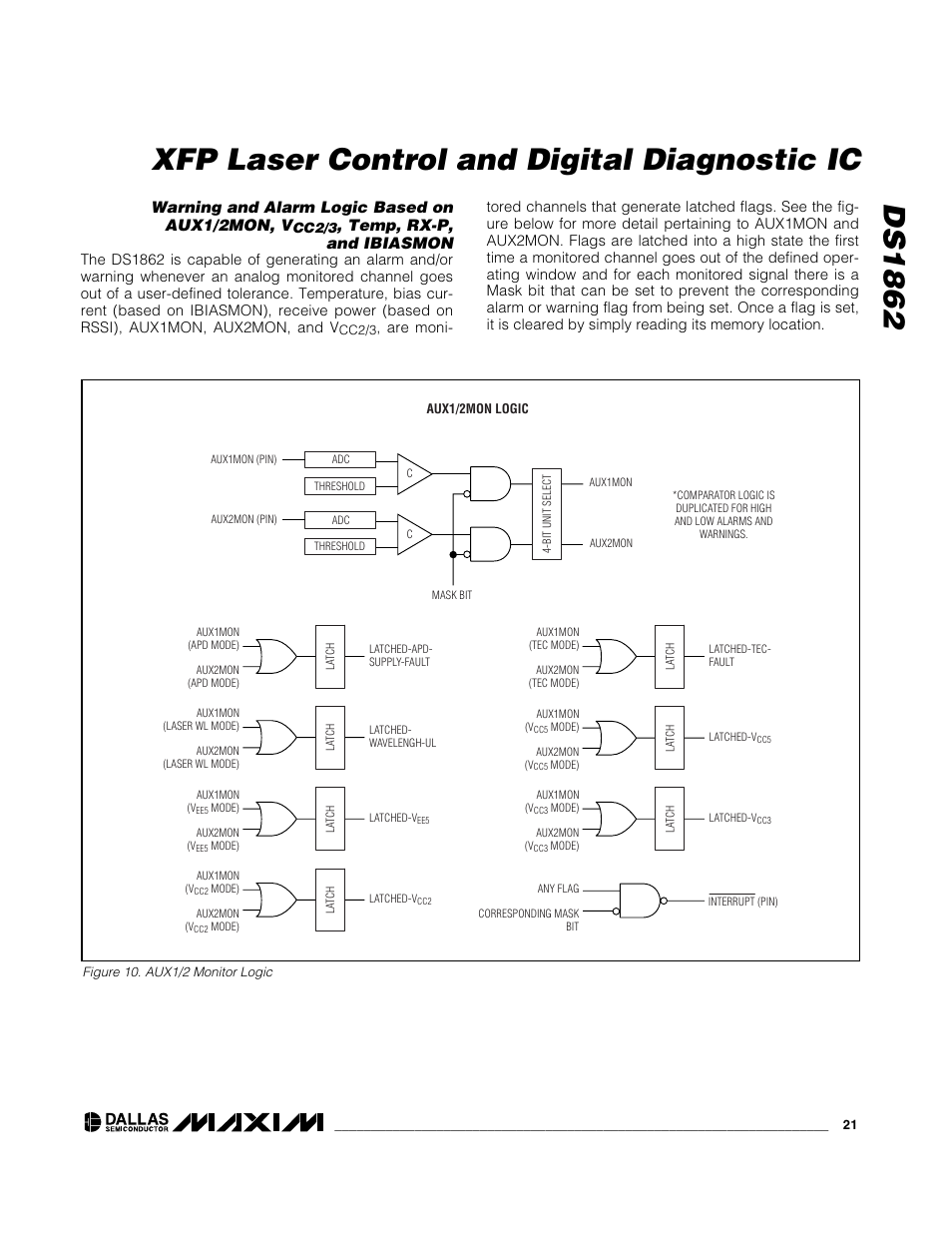 Ds1862 xfp laser control and digital diagnostic ic, Warning and alarm logic based on aux1/2mon, v, Temp, rx-p, and ibiasmon | Rainbow Electronics DS1862 User Manual | Page 21 / 42