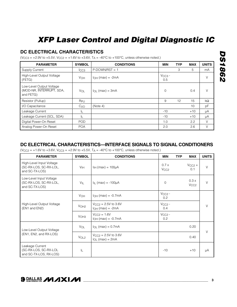 Ds1862 xfp laser control and digital diagnostic ic, Dc electrical characteristics | Rainbow Electronics DS1862 User Manual | Page 3 / 42