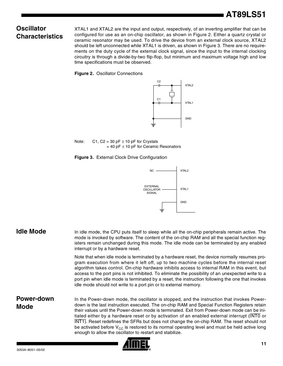 Oscillator characteristics, Idle mode, Power-down mode | At89ls51 | Rainbow Electronics AT89LS51 User Manual | Page 11 / 29