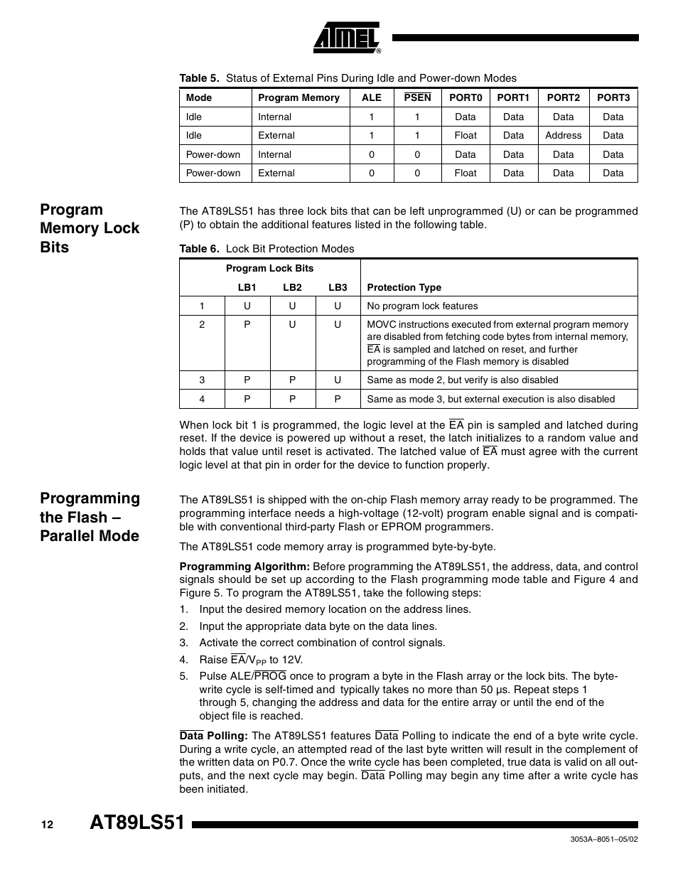 Program memory lock bits, Programming the flash – parallel mode, At89ls51 | Rainbow Electronics AT89LS51 User Manual | Page 12 / 29