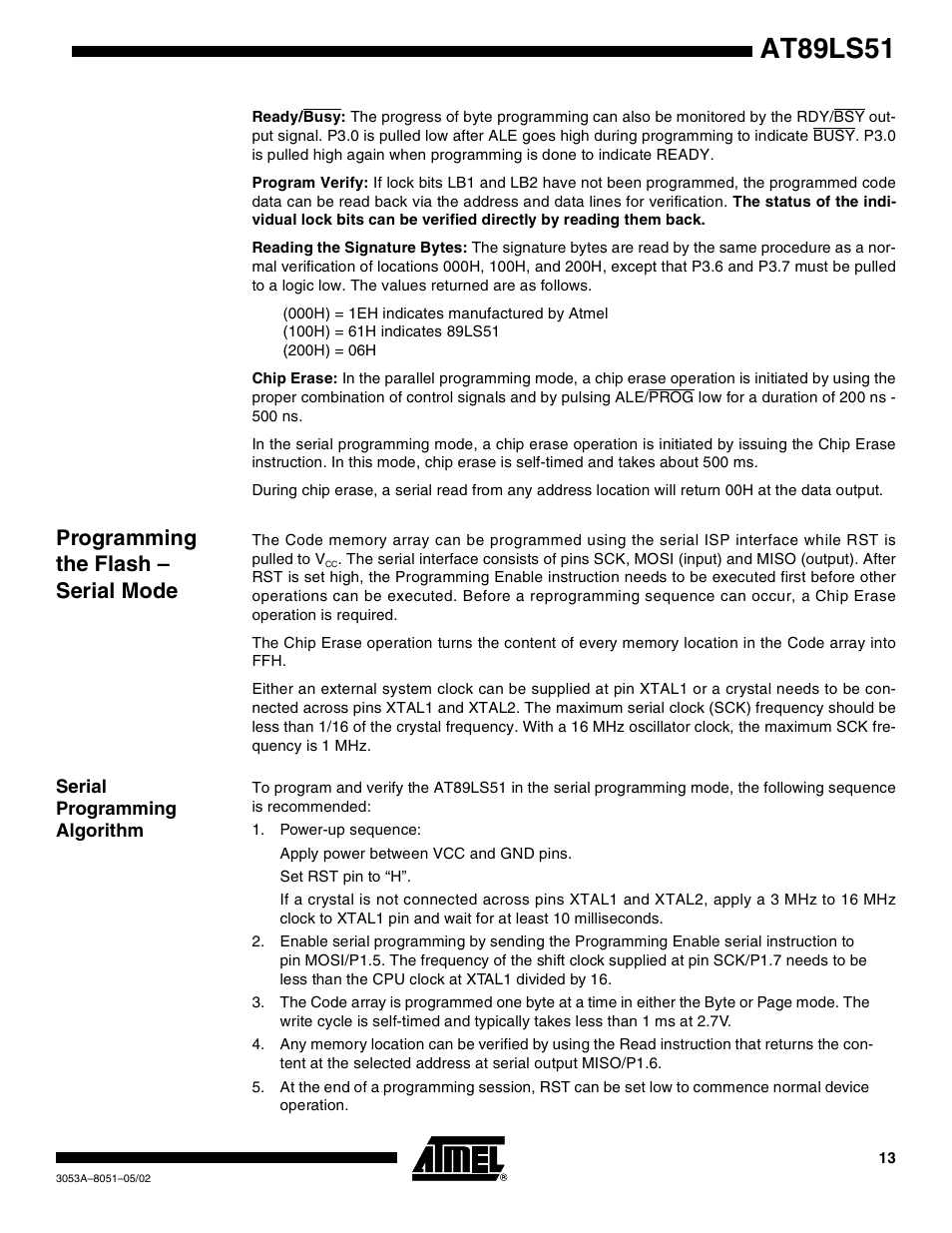 Programming the flash – serial mode, Serial programming algorithm, At89ls51 | Rainbow Electronics AT89LS51 User Manual | Page 13 / 29