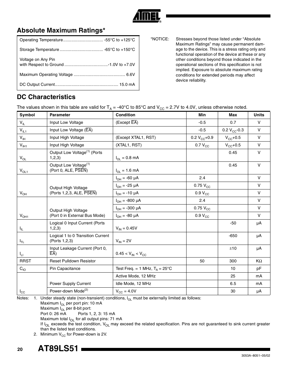 Absolute maximum ratings, Dc characteristics, At89ls51 | Rainbow Electronics AT89LS51 User Manual | Page 20 / 29