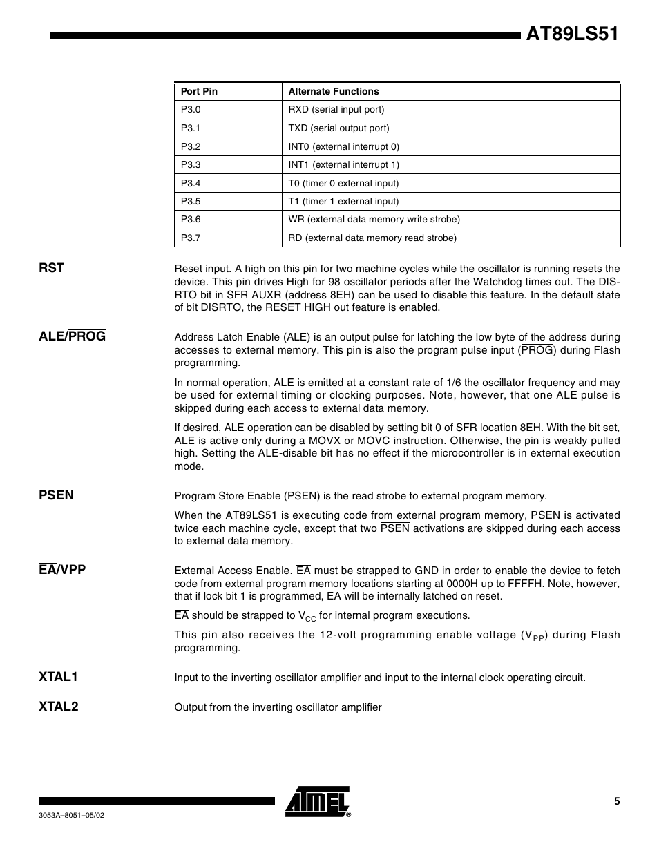 Ale/prog, Psen, Ea/vpp | Xtal1, Xtal2, At89ls51 | Rainbow Electronics AT89LS51 User Manual | Page 5 / 29