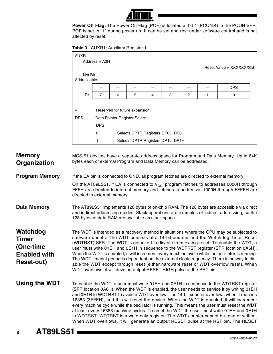 Memory organization, Program memory, Data memory | Watchdog timer (one-time enabled with reset-out), Using the wdt, At89ls51 | Rainbow Electronics AT89LS51 User Manual | Page 8 / 29