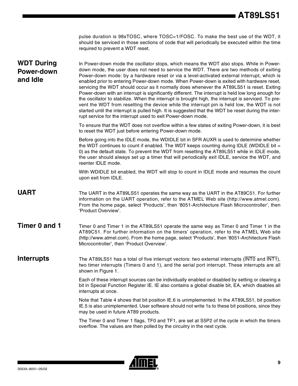 Wdt during power-down and idle, Uart, Timer 0 and 1 | Interrupts, At89ls51 | Rainbow Electronics AT89LS51 User Manual | Page 9 / 29