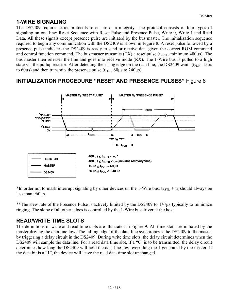 Wire signaling, Read/write time slots | Rainbow Electronics DS2409 User Manual | Page 12 / 18