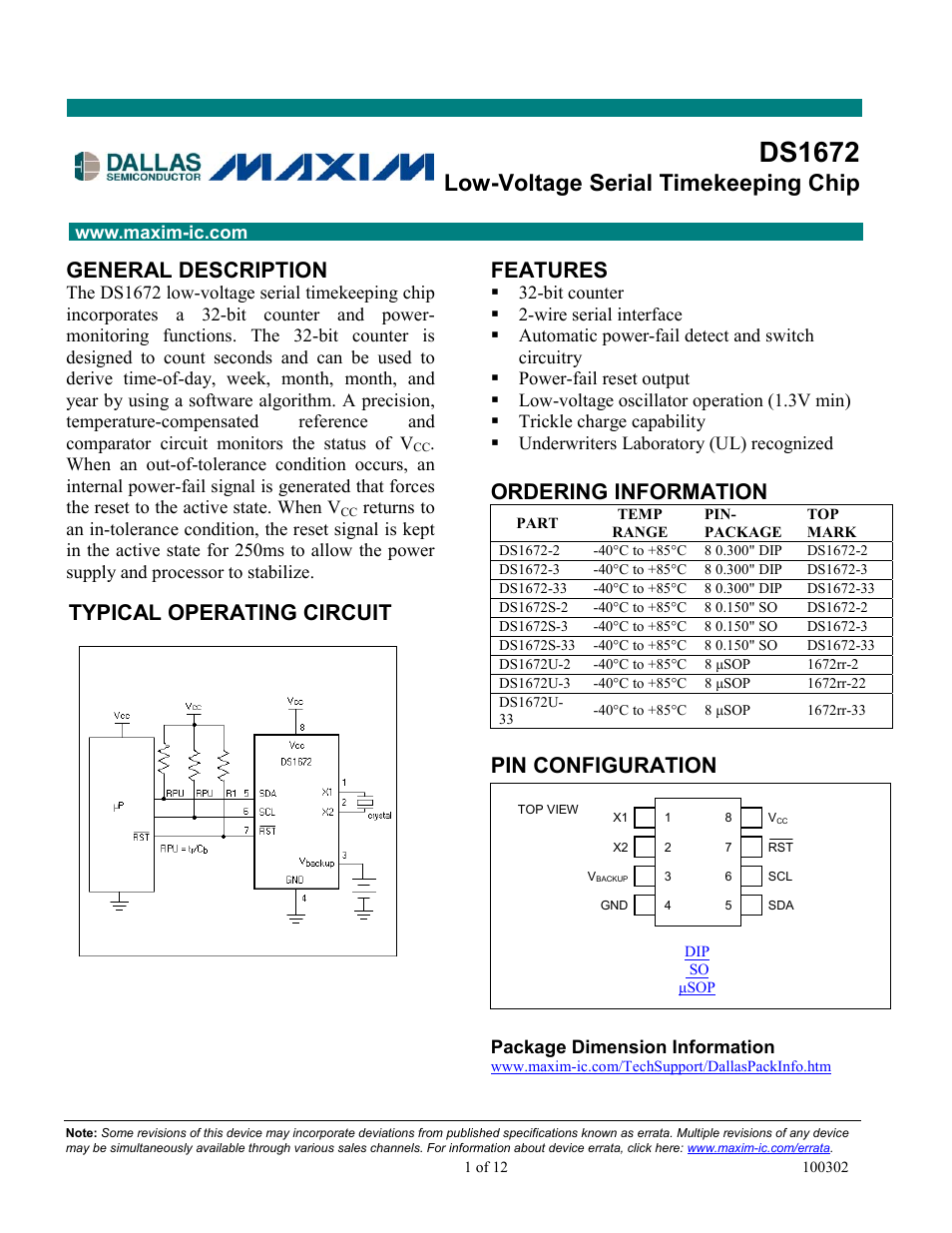 Rainbow Electronics DS1672 User Manual | 12 pages