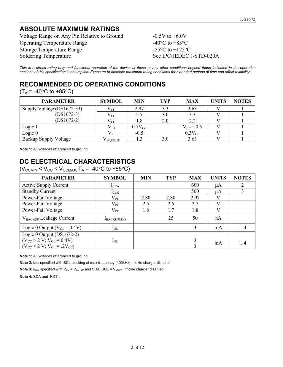 Absolute maximum ratings, Recommended dc operating conditions, Dc electrical characteristics | Rainbow Electronics DS1672 User Manual | Page 2 / 12