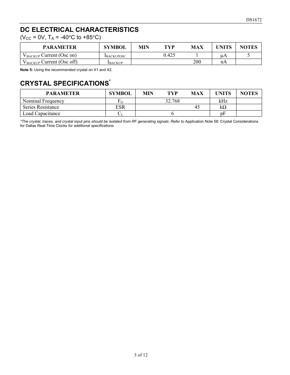Dc electrical characteristics, Crystal specifications | Rainbow Electronics DS1672 User Manual | Page 3 / 12