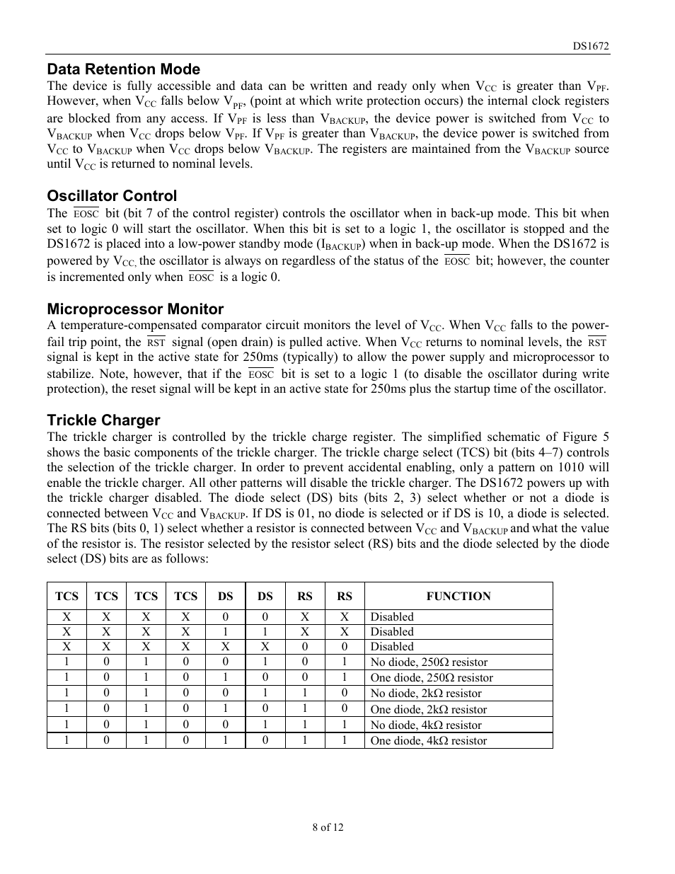 Data retention mode, Oscillator control, Microprocessor monitor | Trickle charger | Rainbow Electronics DS1672 User Manual | Page 8 / 12