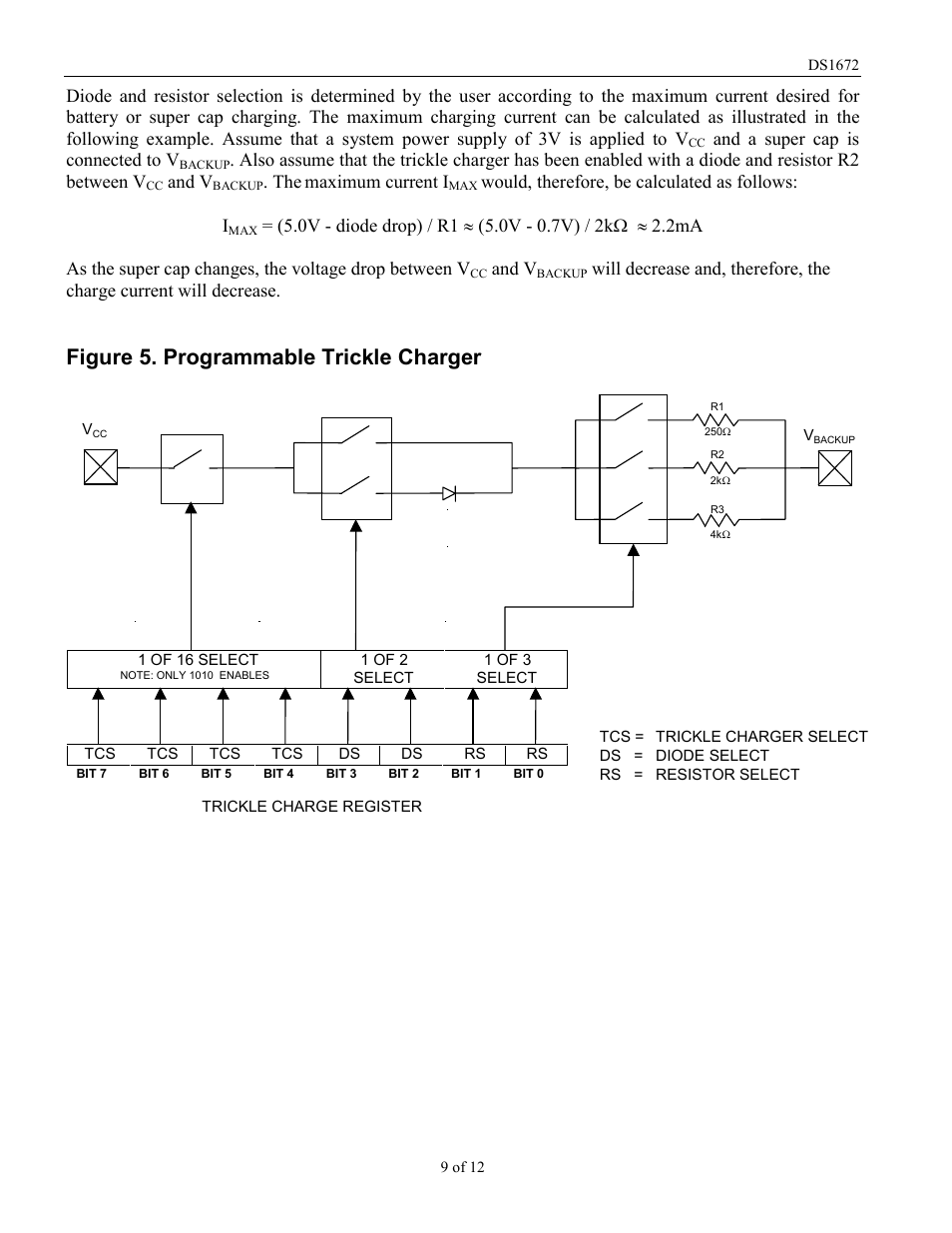 Figure 5. programmable trickle charger, And a super cap is connected to v, And v | Maximum current i, Would, therefore, be calculated as follows: i | Rainbow Electronics DS1672 User Manual | Page 9 / 12