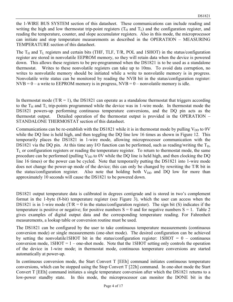 Thermostat mode, Operation – measuring temperature | Rainbow Electronics DS1821 User Manual | Page 4 / 17