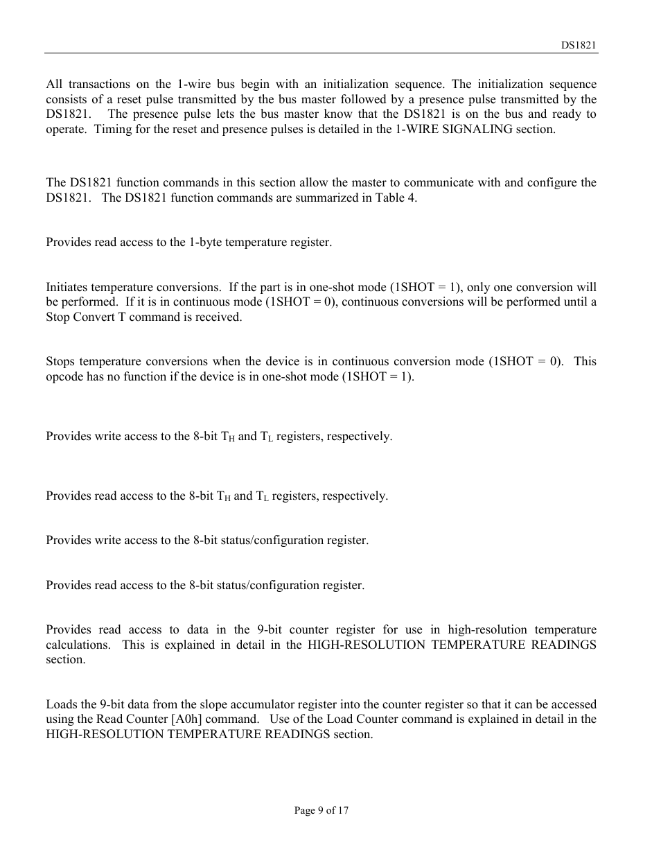 Initialization, Ds1821 function commands | Rainbow Electronics DS1821 User Manual | Page 9 / 17