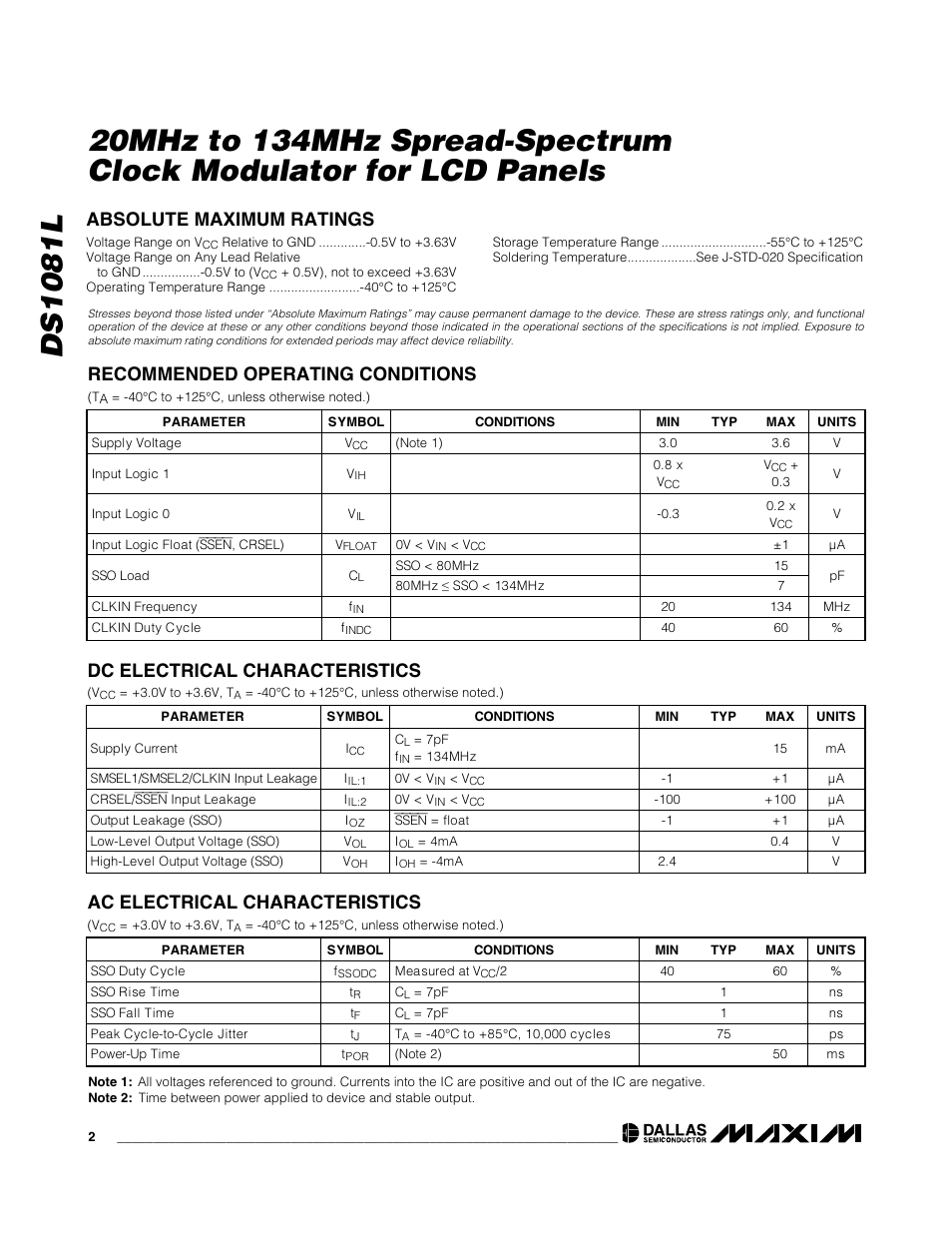 Dc electrical characteristics, Ac electrical characteristics | Rainbow Electronics DS1081L User Manual | Page 2 / 5