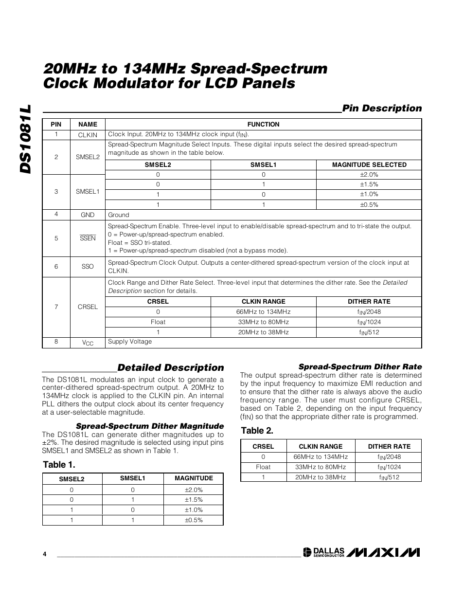 Detailed description, Pin description, Table 2 | Table 1 | Rainbow Electronics DS1081L User Manual | Page 4 / 5