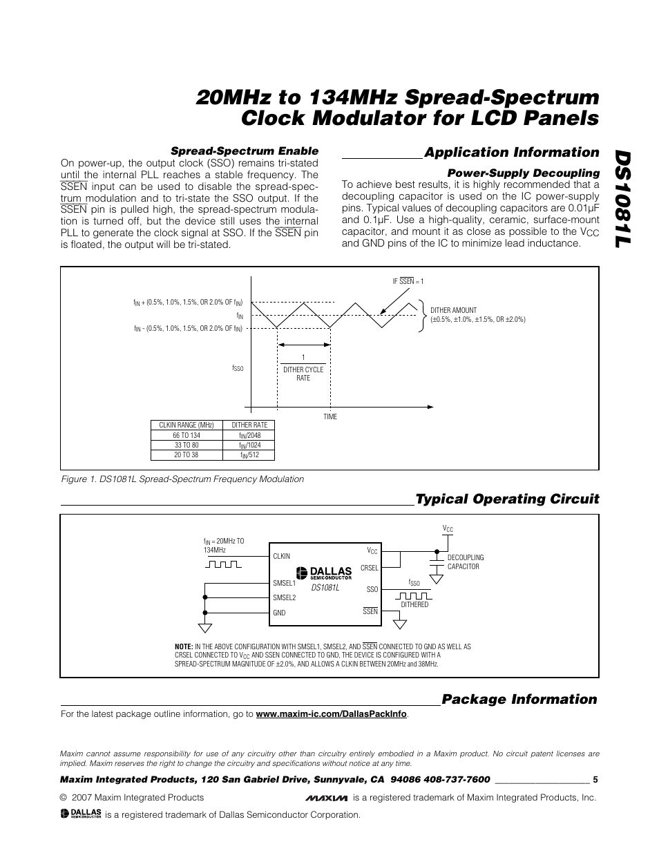 Application information, Typical operating circuit package information, Spread-spectrum enable | Power-supply decoupling | Rainbow Electronics DS1081L User Manual | Page 5 / 5