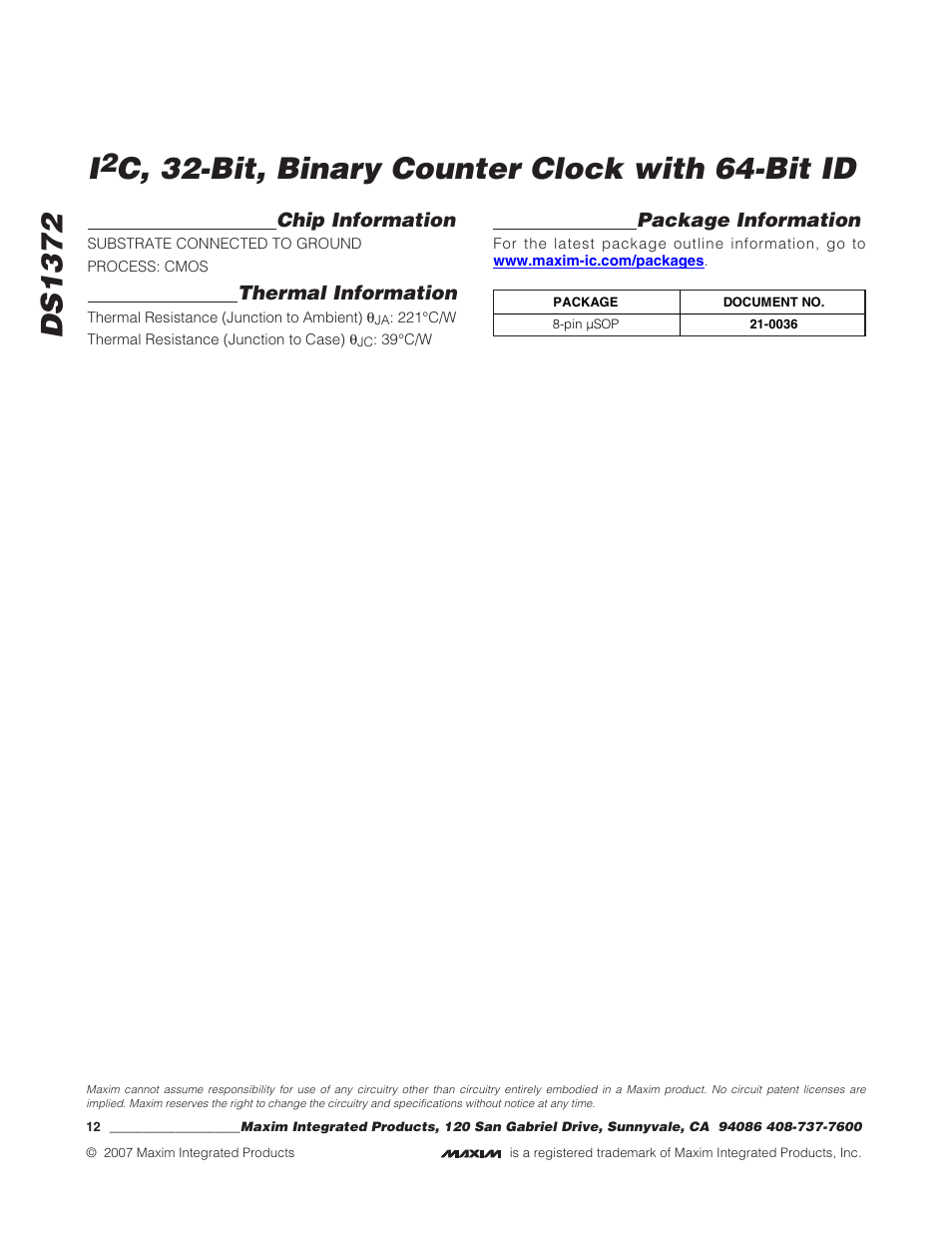 Ds1372, C, 32-bit, binary counter clock with 64-bit id | Rainbow Electronics DS1372 User Manual | Page 12 / 12