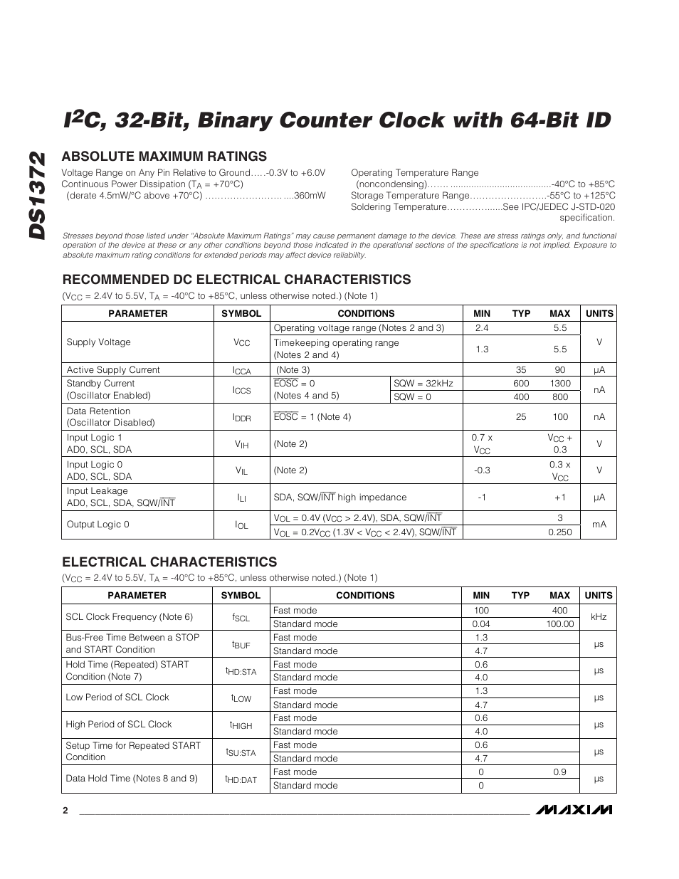 Ds1372, C, 32-bit, binary counter clock with 64-bit id, Electrical characteristics | Rainbow Electronics DS1372 User Manual | Page 2 / 12