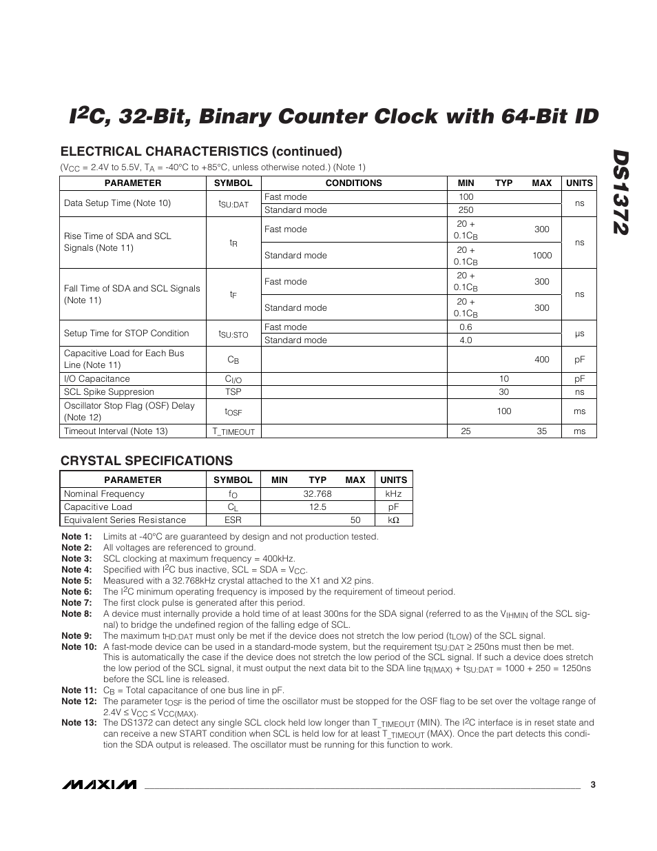 Ds1372, C, 32-bit, binary counter clock with 64-bit id, Electrical characteristics (continued) | Crystal specifications | Rainbow Electronics DS1372 User Manual | Page 3 / 12
