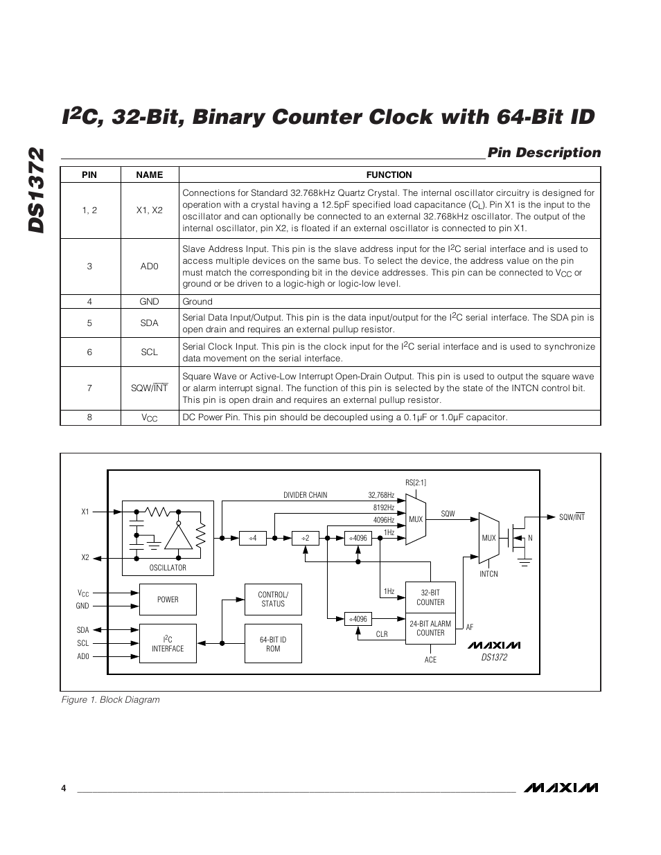 Ds1372, C, 32-bit, binary counter clock with 64-bit id, Pin description | Rainbow Electronics DS1372 User Manual | Page 4 / 12