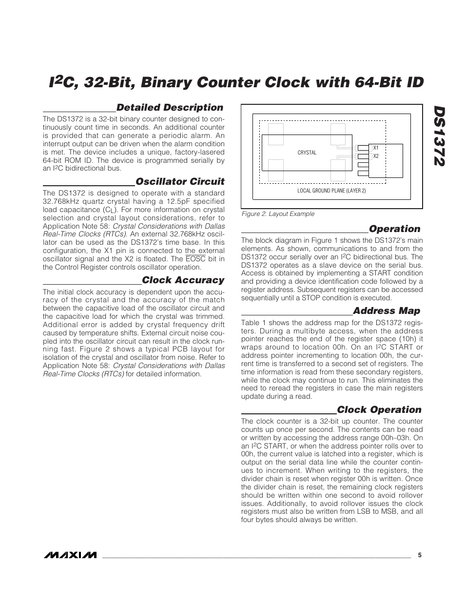 Ds1372, C, 32-bit, binary counter clock with 64-bit id, Detailed description | Oscillator circuit, Clock accuracy, Operation, Address map, Clock operation | Rainbow Electronics DS1372 User Manual | Page 5 / 12