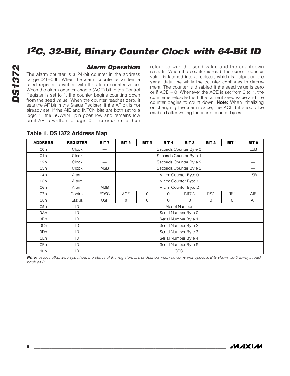 Ds1372, C, 32-bit, binary counter clock with 64-bit id, Alarm operation | Rainbow Electronics DS1372 User Manual | Page 6 / 12