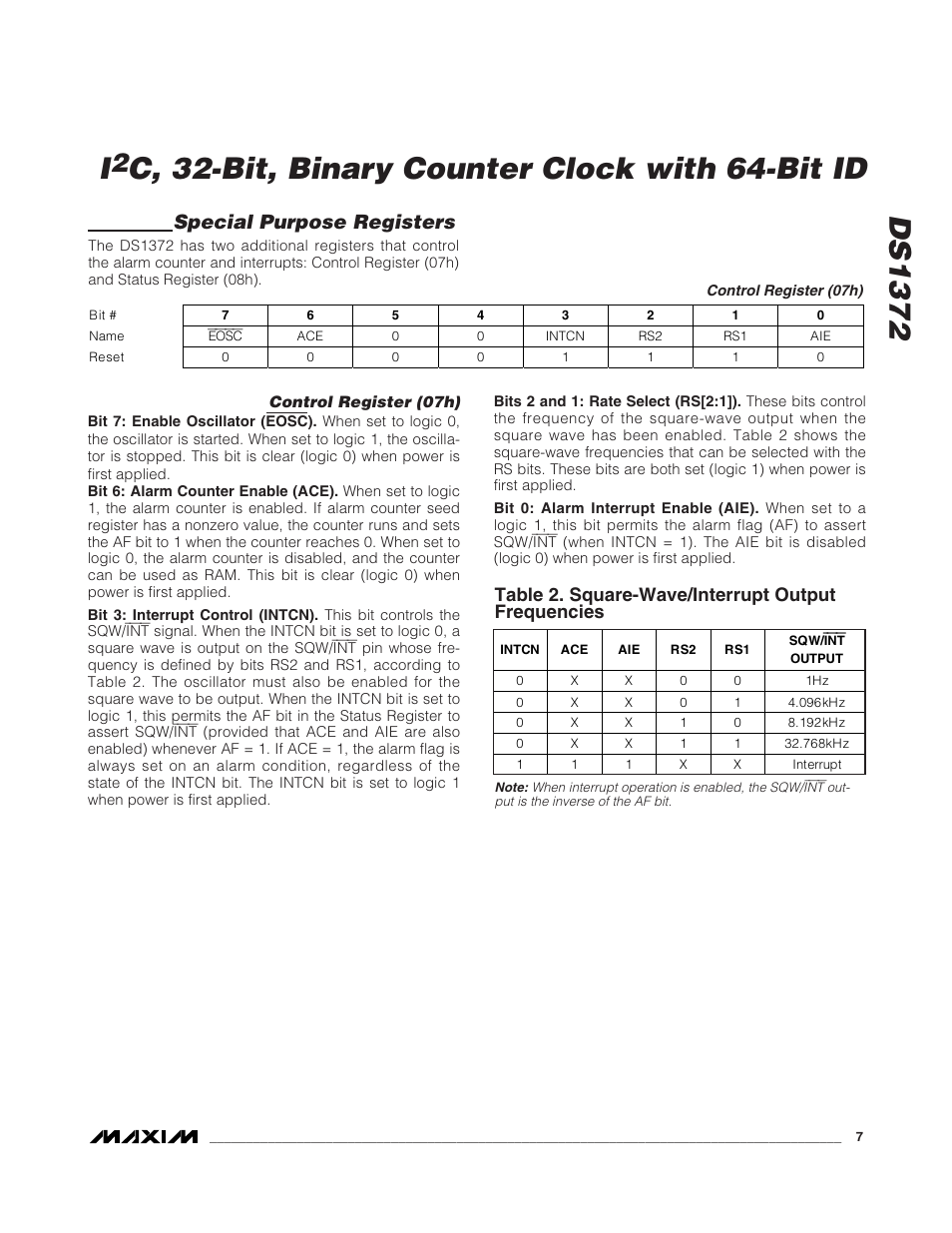 Ds1372, C, 32-bit, binary counter clock with 64-bit id, Special purpose registers | Rainbow Electronics DS1372 User Manual | Page 7 / 12