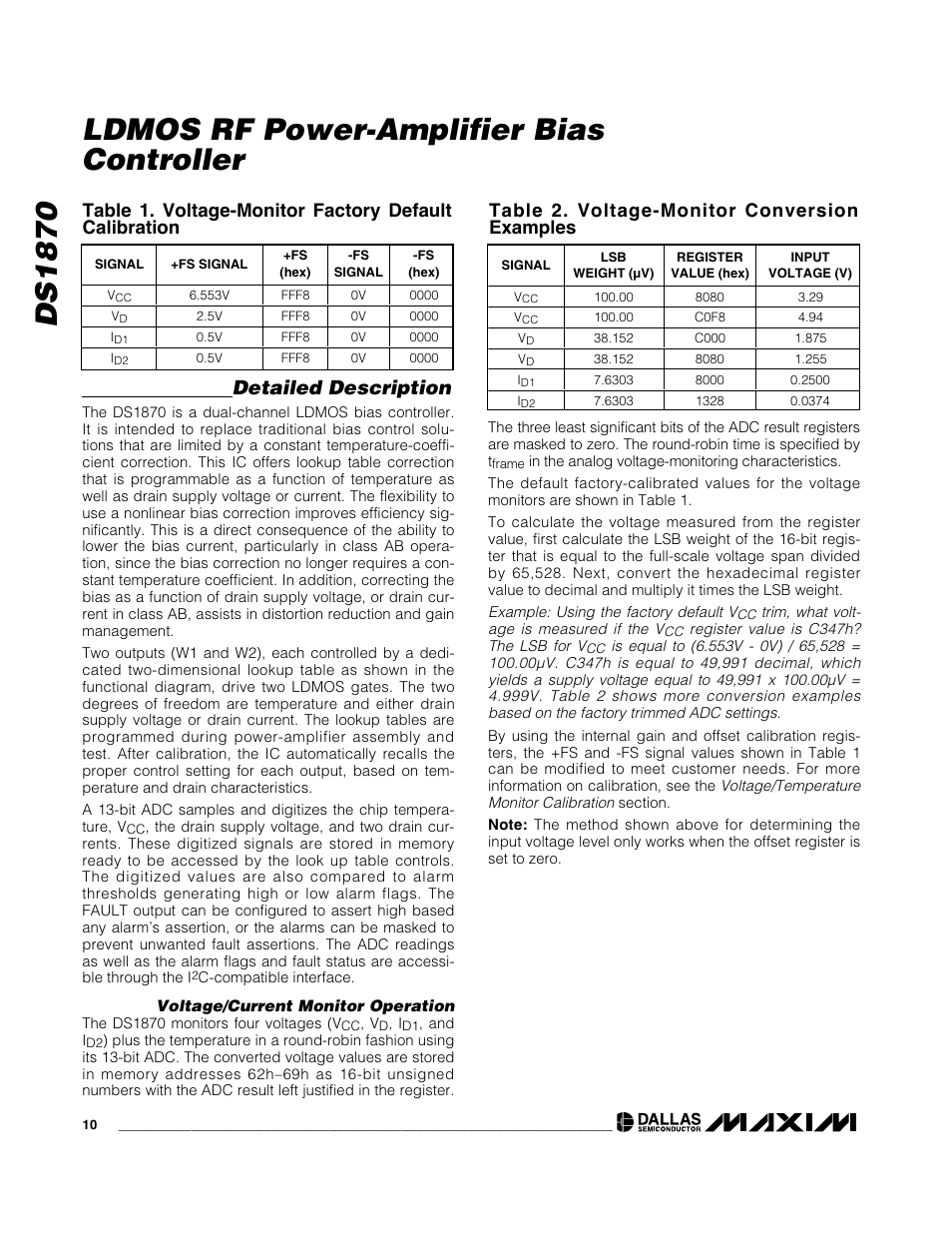 Ds1870 ldmos rf power-amplifier bias controller, Detailed description, Table 2. voltage-monitor conversion examples | Rainbow Electronics DS1870 User Manual | Page 10 / 28