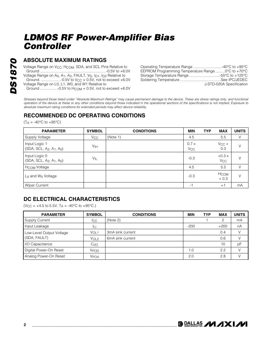 Ds1870 ldmos rf power-amplifier bias controller, Dc electrical characteristics | Rainbow Electronics DS1870 User Manual | Page 2 / 28