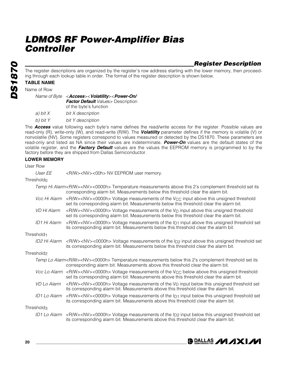 Ds1870 ldmos rf power-amplifier bias controller, Register description | Rainbow Electronics DS1870 User Manual | Page 20 / 28