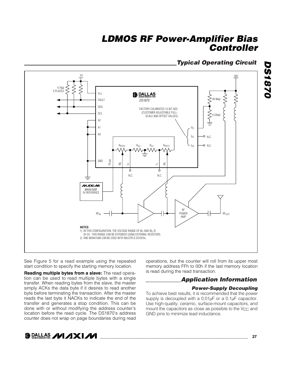 Ds1870 ldmos rf power-amplifier bias controller, Application information, Typical operating circuit | Power-supply decoupling | Rainbow Electronics DS1870 User Manual | Page 27 / 28