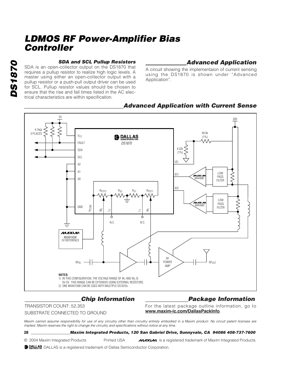 Ds1870 ldmos rf power-amplifier bias controller, Advanced application, Package information | Sda and scl pullup resistors | Rainbow Electronics DS1870 User Manual | Page 28 / 28