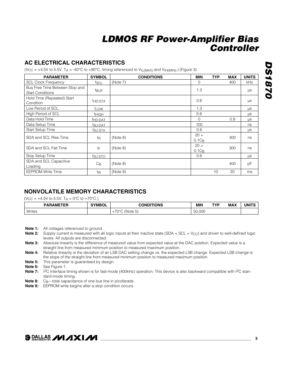 Ds1870 ldmos rf power-amplifier bias controller, Ac electrical characteristics | Rainbow Electronics DS1870 User Manual | Page 5 / 28