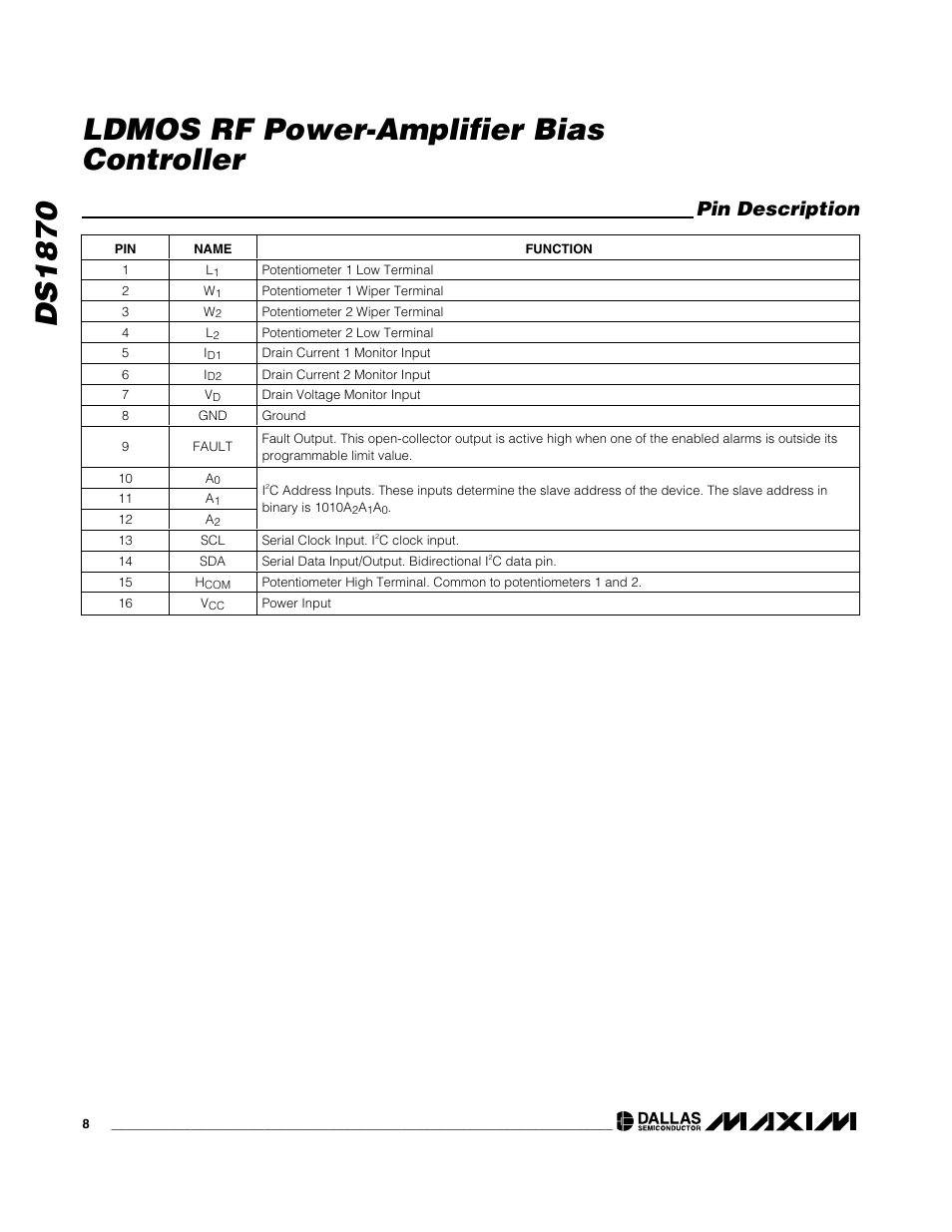 Ds1870 ldmos rf power-amplifier bias controller, Pin description | Rainbow Electronics DS1870 User Manual | Page 8 / 28