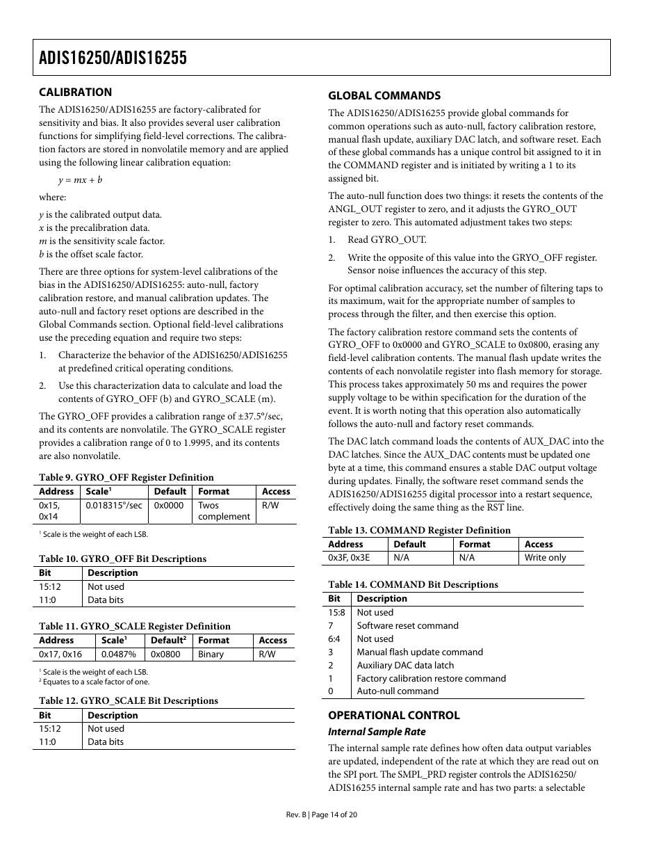 Calibration, Global commands, Operational control | Internal sample rate, Table 9, Table 10, Table 11, Table 12, Table 13, Table 14 | Rainbow Electronics DAB-IMU-C01 User Manual | Page 14 / 20