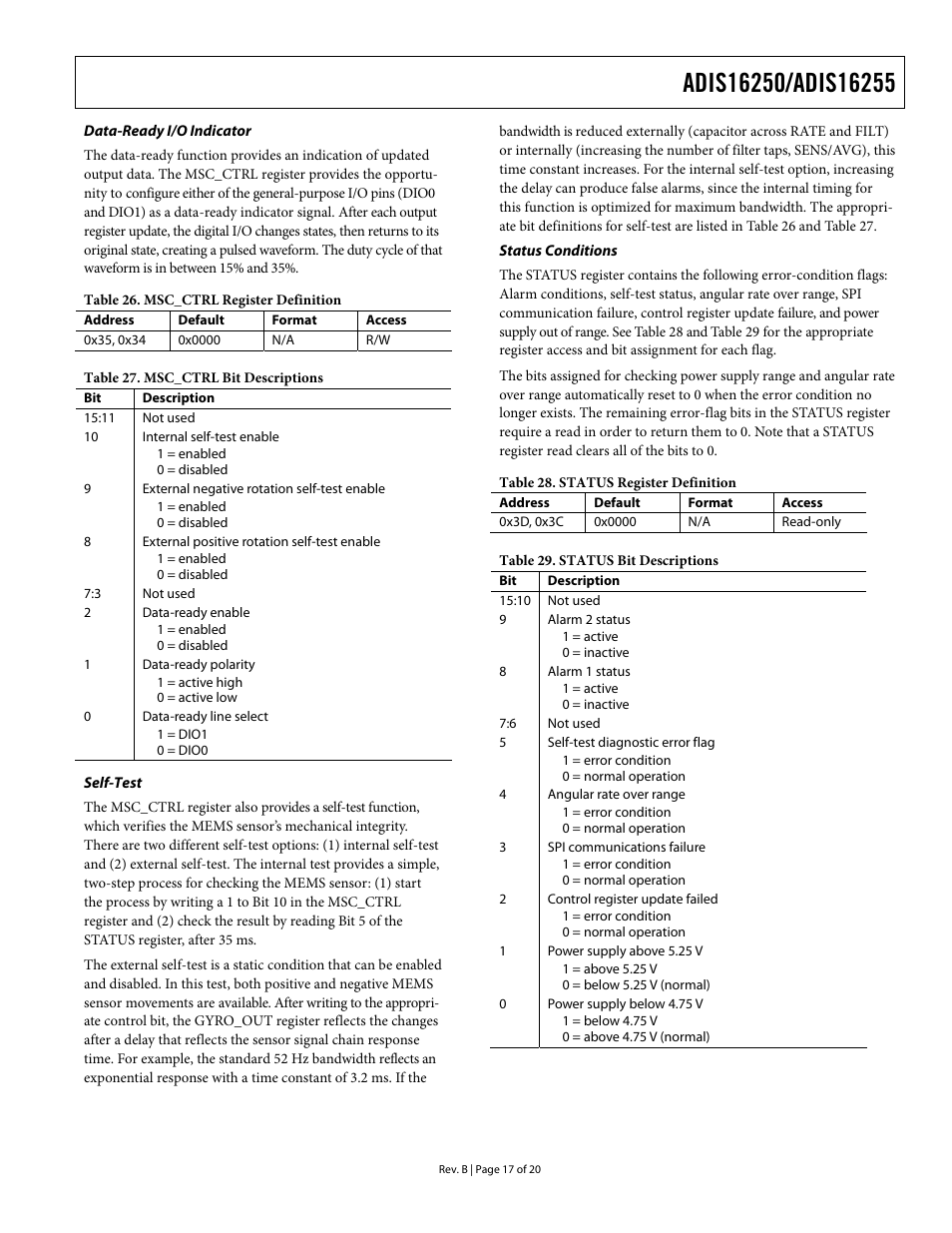Data-ready i/o indicator, Self-test, Status conditions | Table 23, Table 26, table 27, Table 28, table 29 | Rainbow Electronics DAB-IMU-C01 User Manual | Page 17 / 20