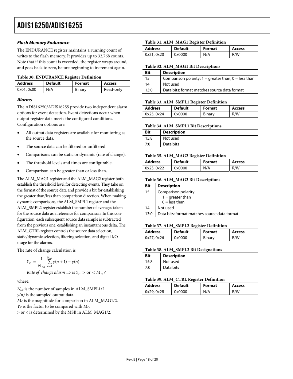 Flash memory endurance, Alarms, Table 31 | Table 32, Table 35, Table 36, Table 33, Table 34, Table 37, Table 38 | Rainbow Electronics DAB-IMU-C01 User Manual | Page 18 / 20