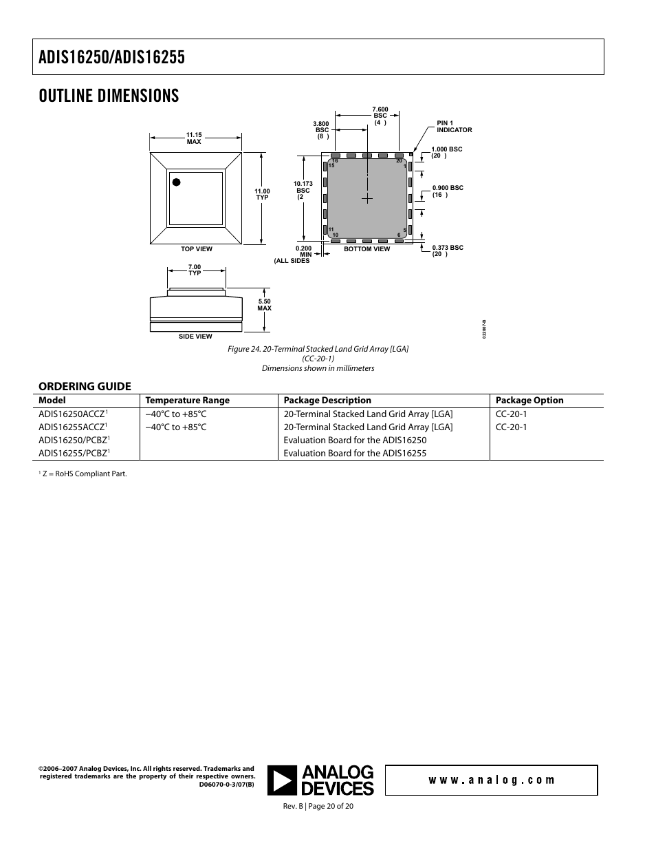 Outline dimensions, Ordering guide | Rainbow Electronics DAB-IMU-C01 User Manual | Page 20 / 20